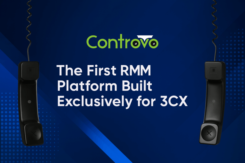 Controvo logo above the tagline ‘The First RMM Platform Built Exclusively for 3CX,’ centered between two hanging black telephone handsets on a modern blue geometric background.
